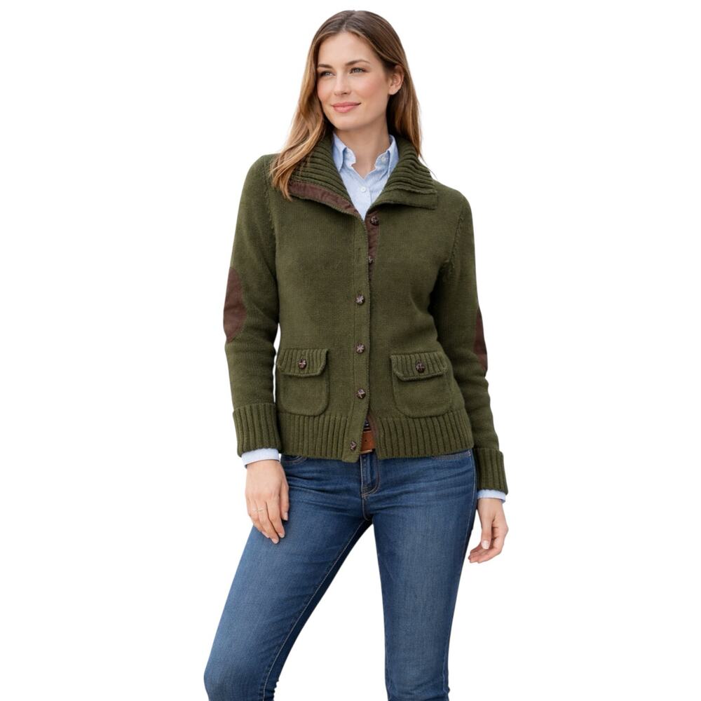 Lauren Ralph Lauren Olive Cardigan Sweater Elbow Patches Equestrian Preppy Large